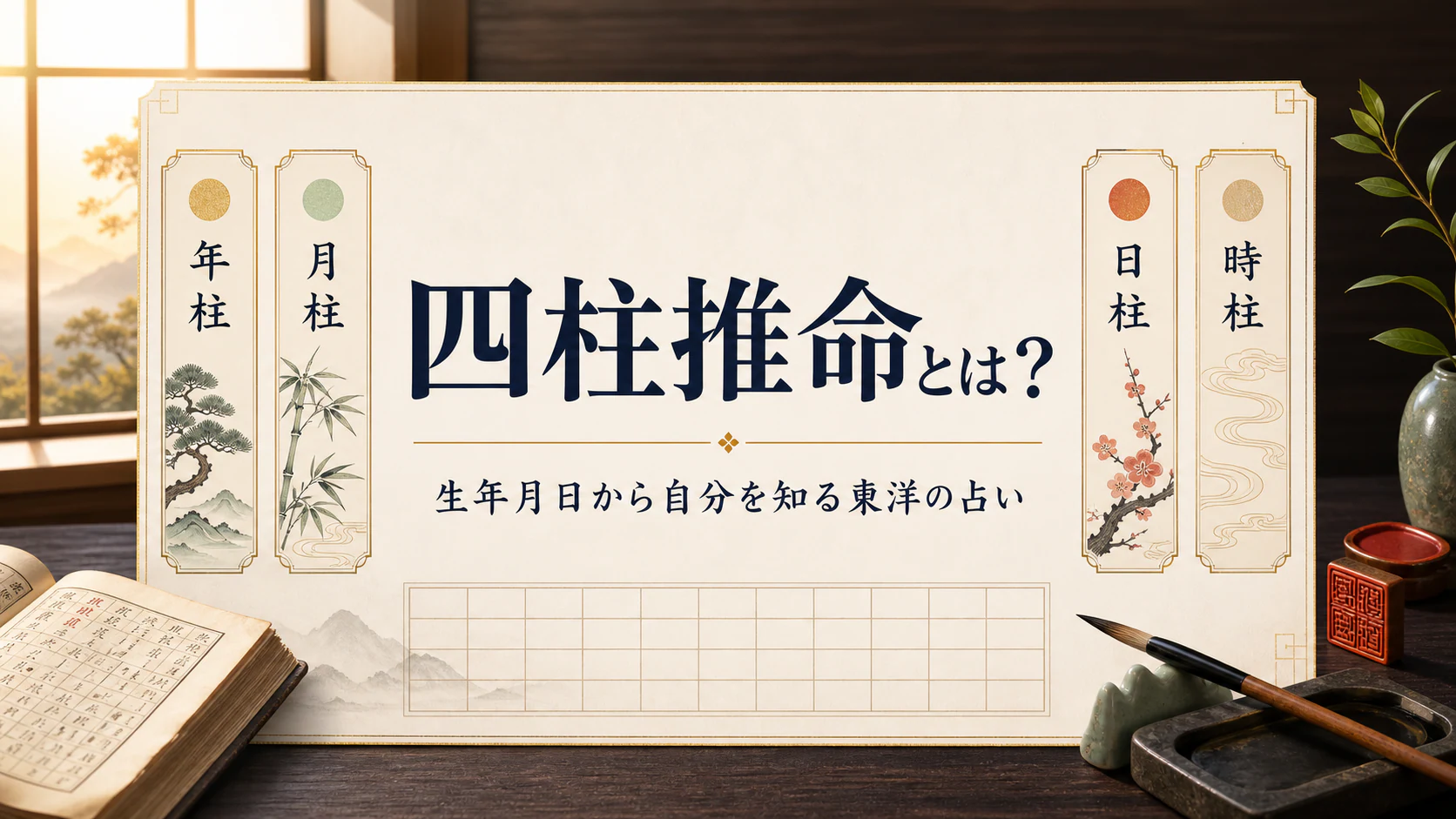 四本の柱と古い暦をモチーフにした四柱推命入門記事のアイキャッチ