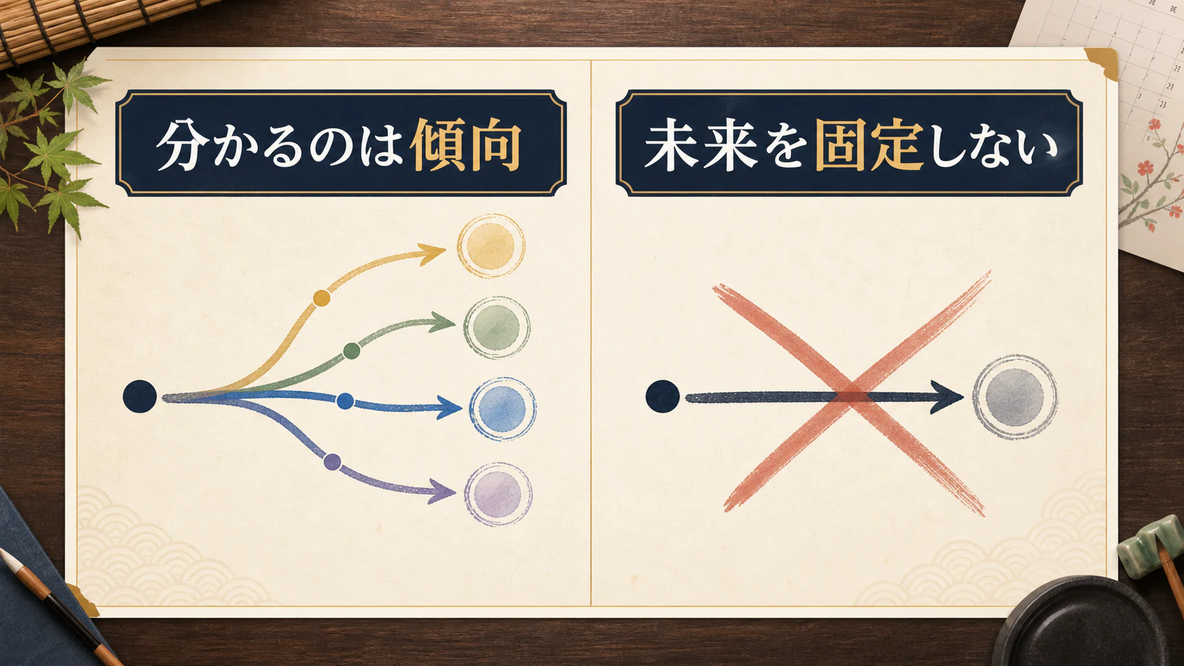 傾向は読めても未来は固定しないことを示す図