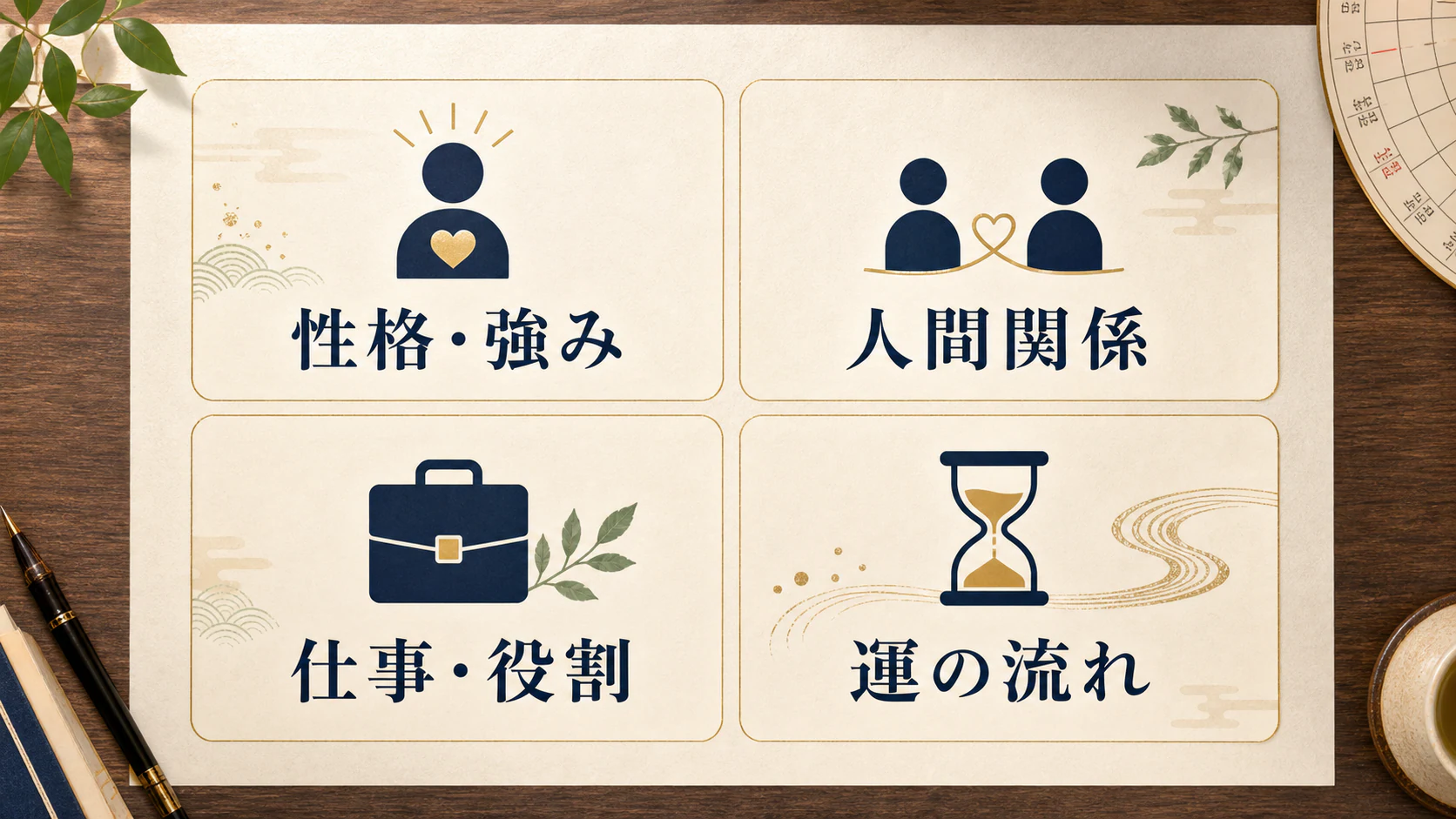 性格、人間関係、仕事、運の流れの四テーマ