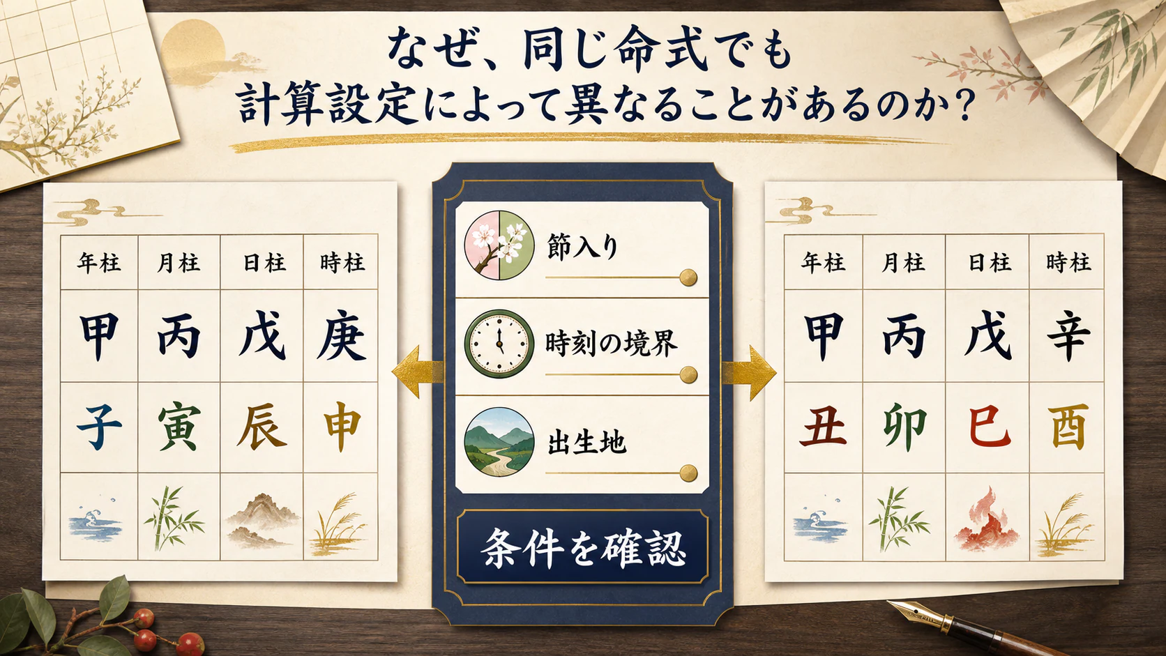 節入りや時刻、出生地の設定差を確認する図
