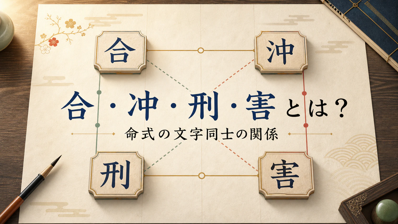 命式の文字を結ぶ線で合冲刑害を示すアイキャッチ