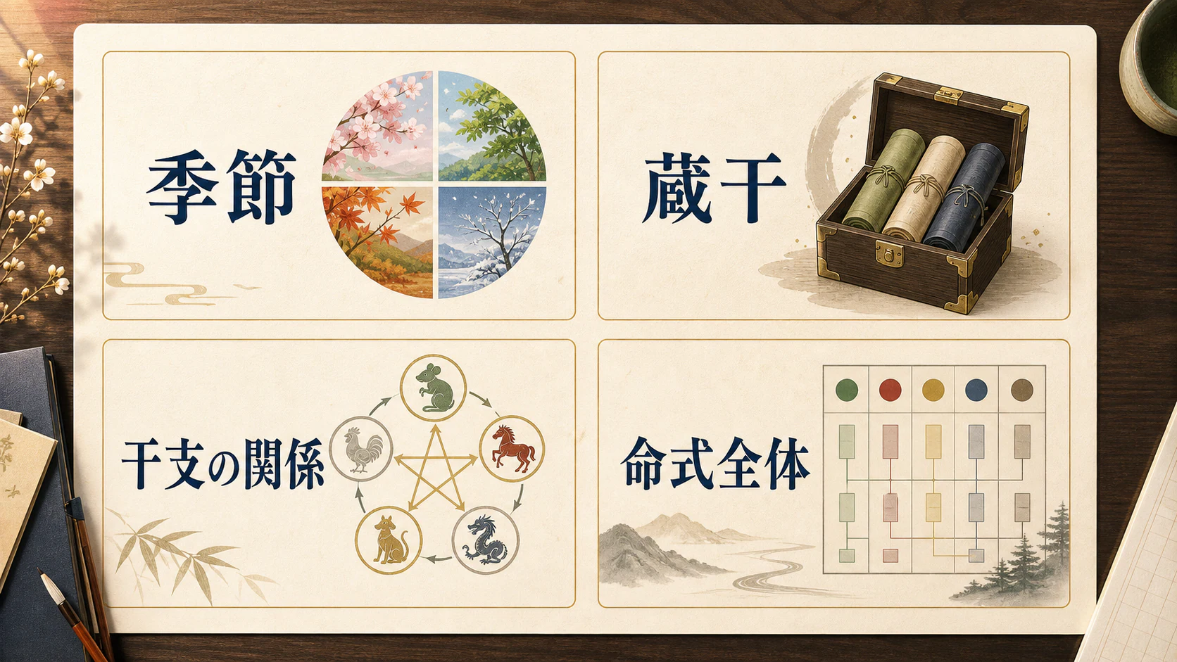 季節、蔵干、干支関係、命式全体の四要素