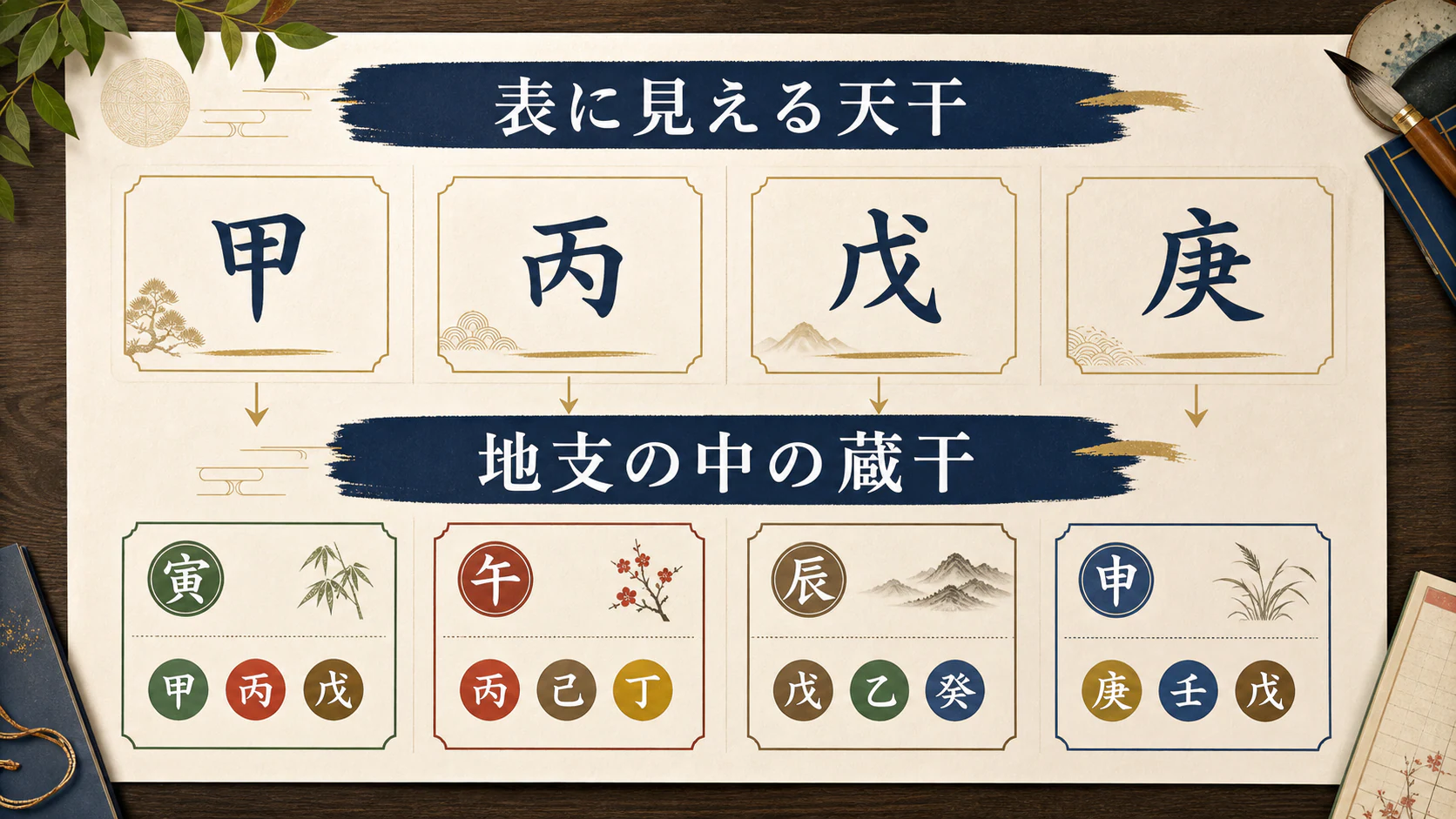 表の天干と地支の中の蔵干を比較する図