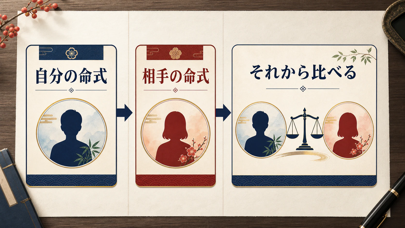 自分と相手の命式を別々に見てから比べる図