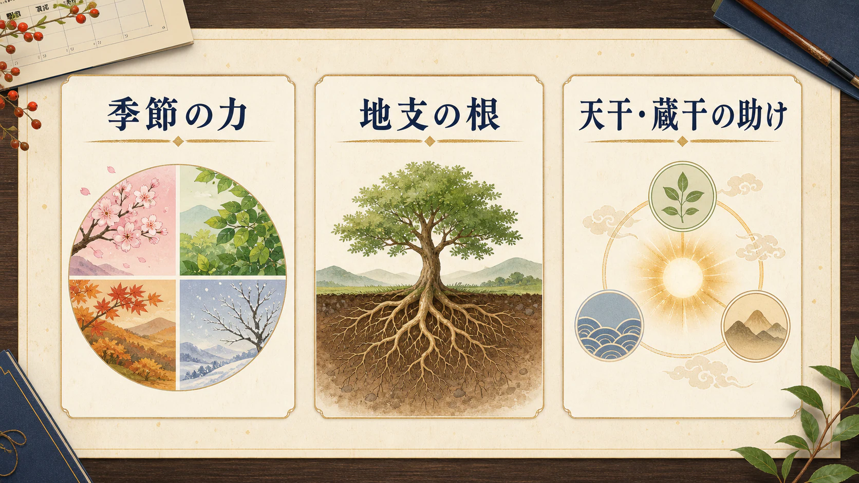 季節、地支の根、天干蔵干の助けを示す図