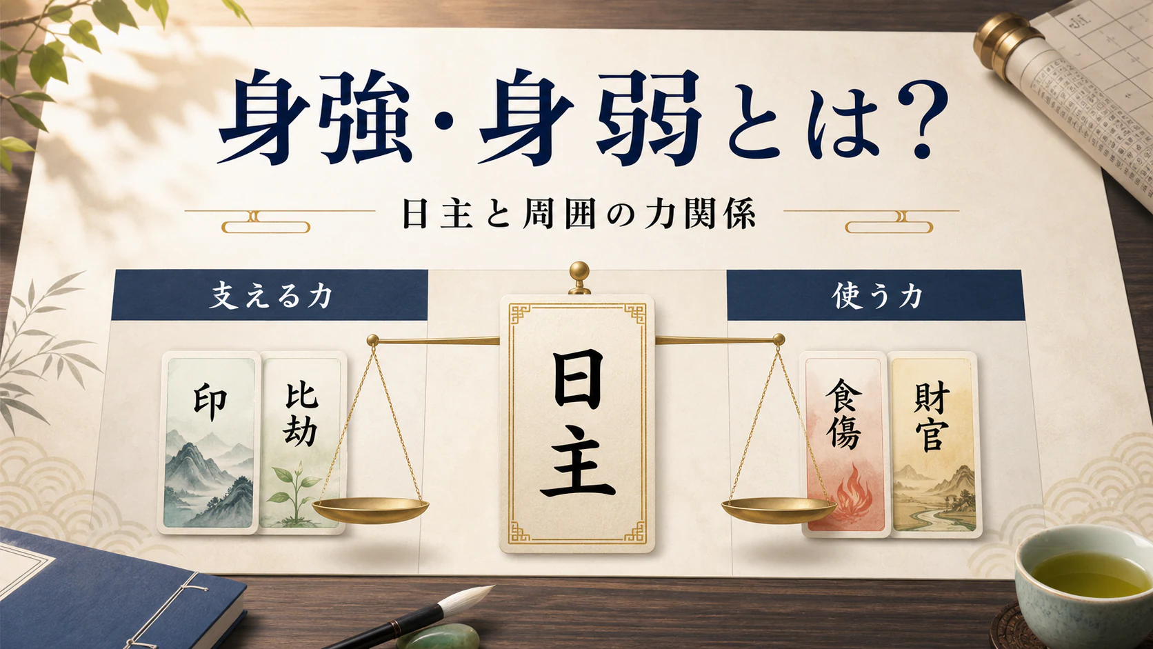 日主を支える力と使う力のバランスを示すアイキャッチ