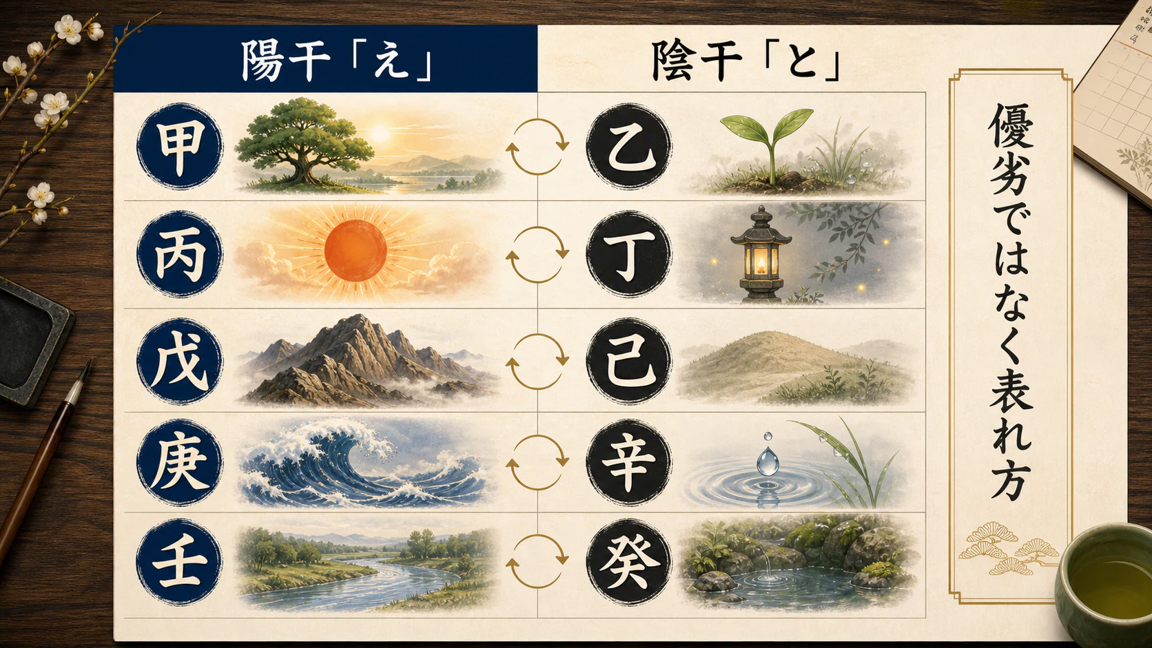 陽干と陰干を優劣なく比較した図