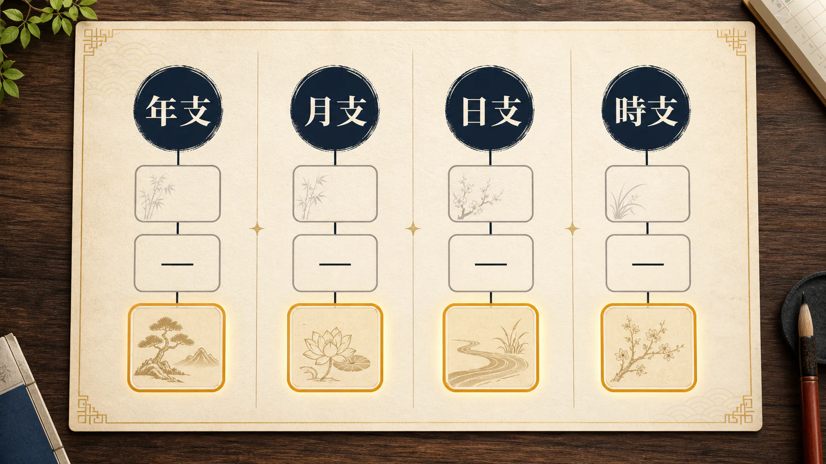 年支、月支、日支、時支の位置を示す図