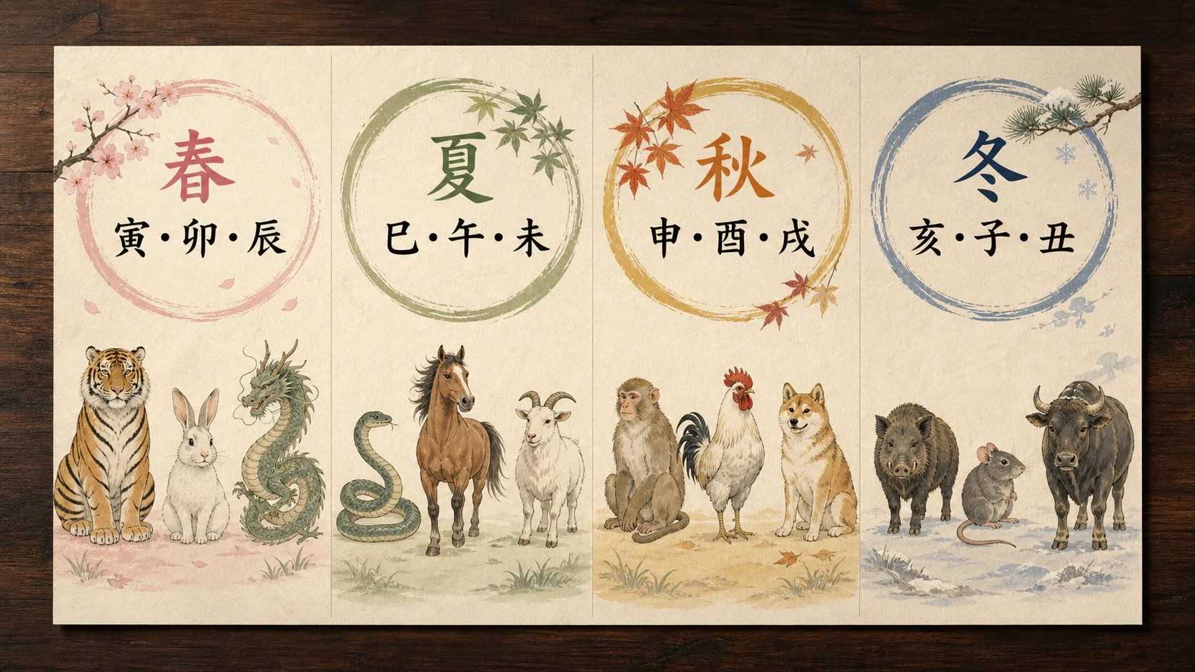 十二支を春夏秋冬に分けた図