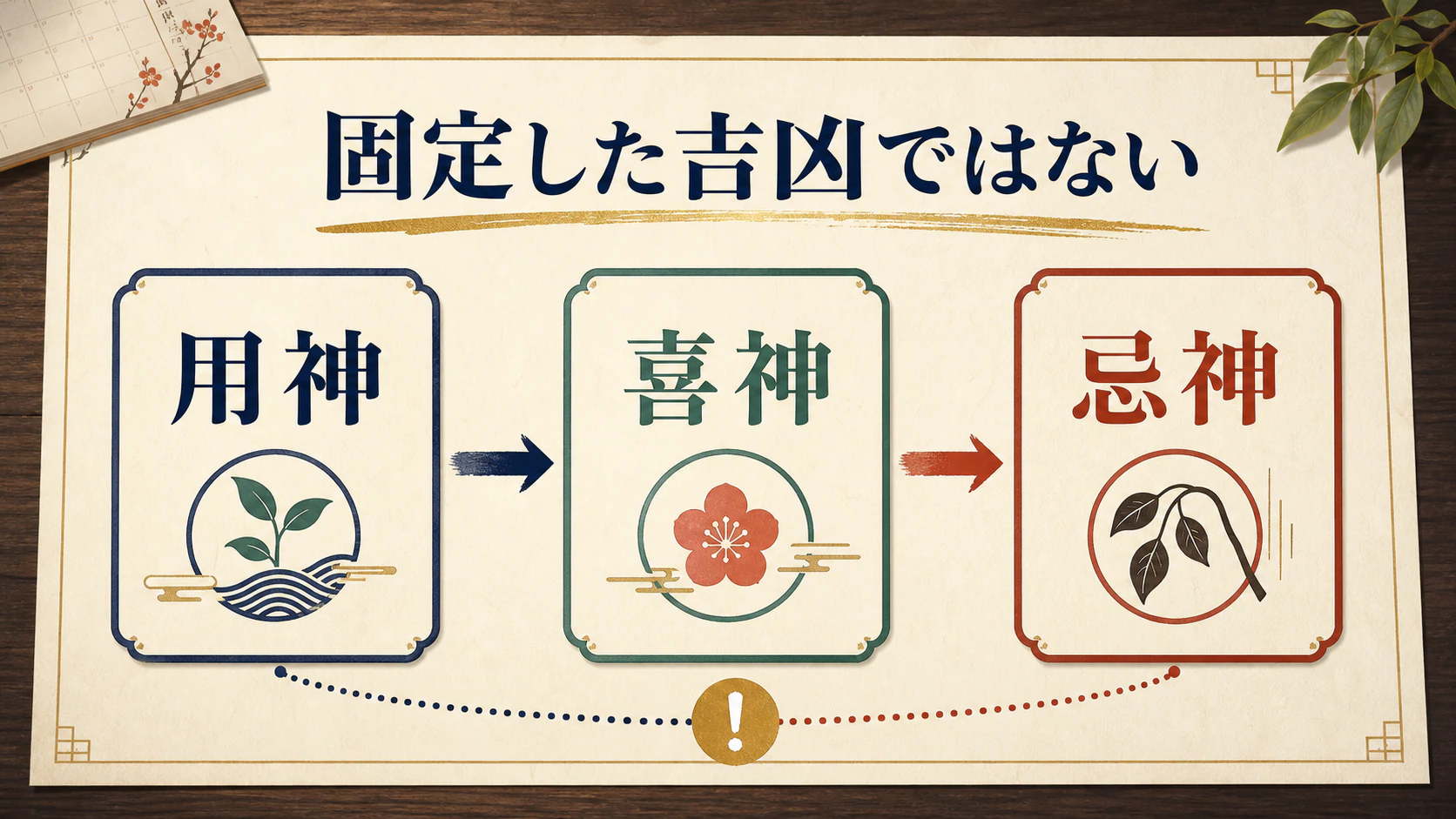 用神、喜神、忌神を固定吉凶でないと示す図