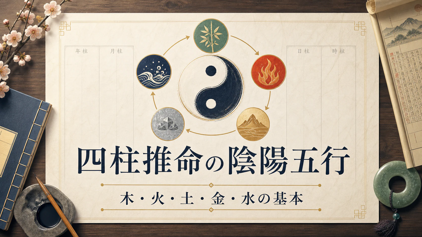 陰陽と木火土金水を表した四柱推命の記事アイキャッチ