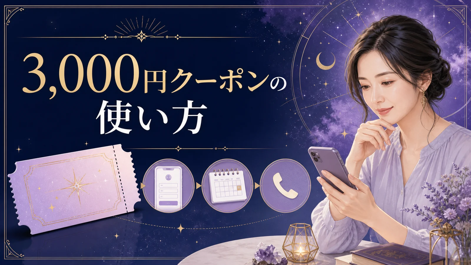 ココナラ電話占いの3,000円クーポンを正しい順番で使うことを表した画像