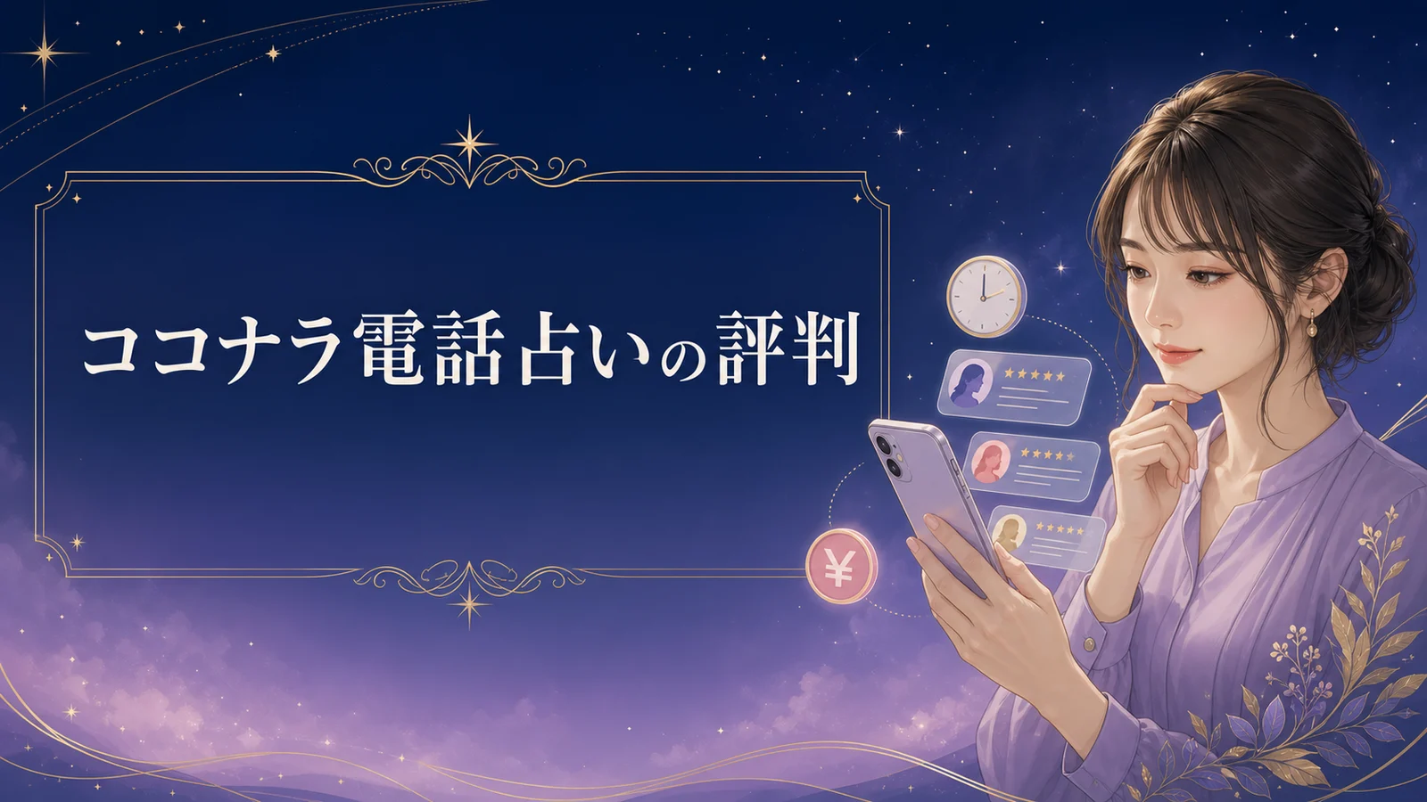 ココナラ電話占いの評判と口コミを落ち着いて確認する女性とスマートフォンの画像