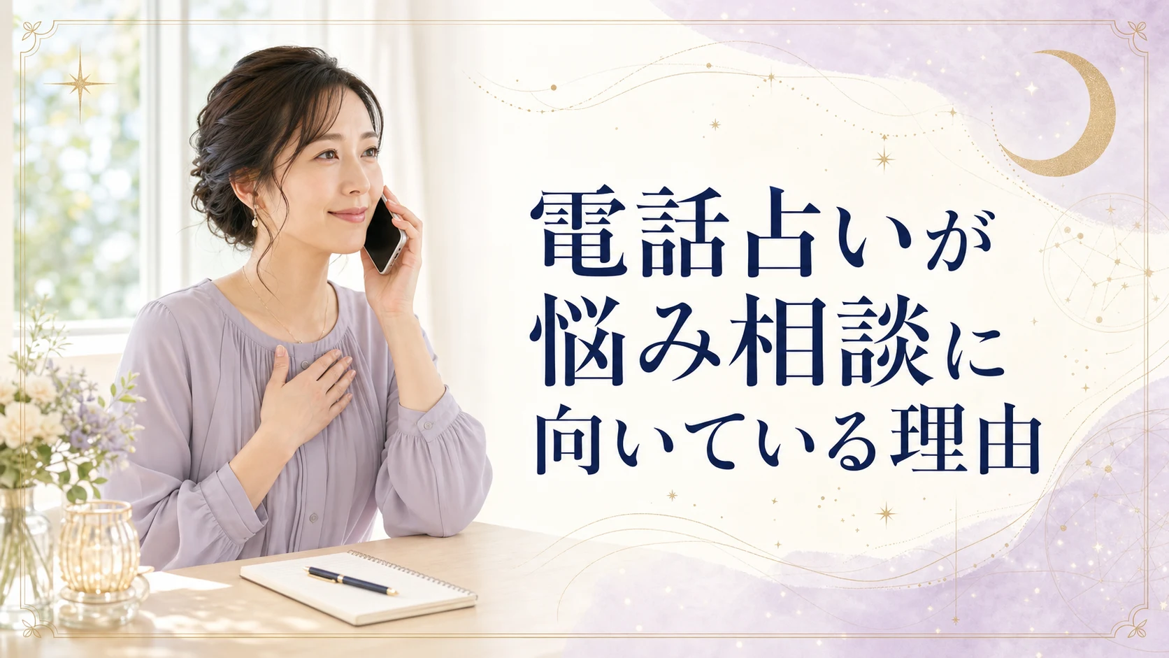 明るい部屋で電話相談を始める女性と、気持ちがほどけていく光を描いた画像