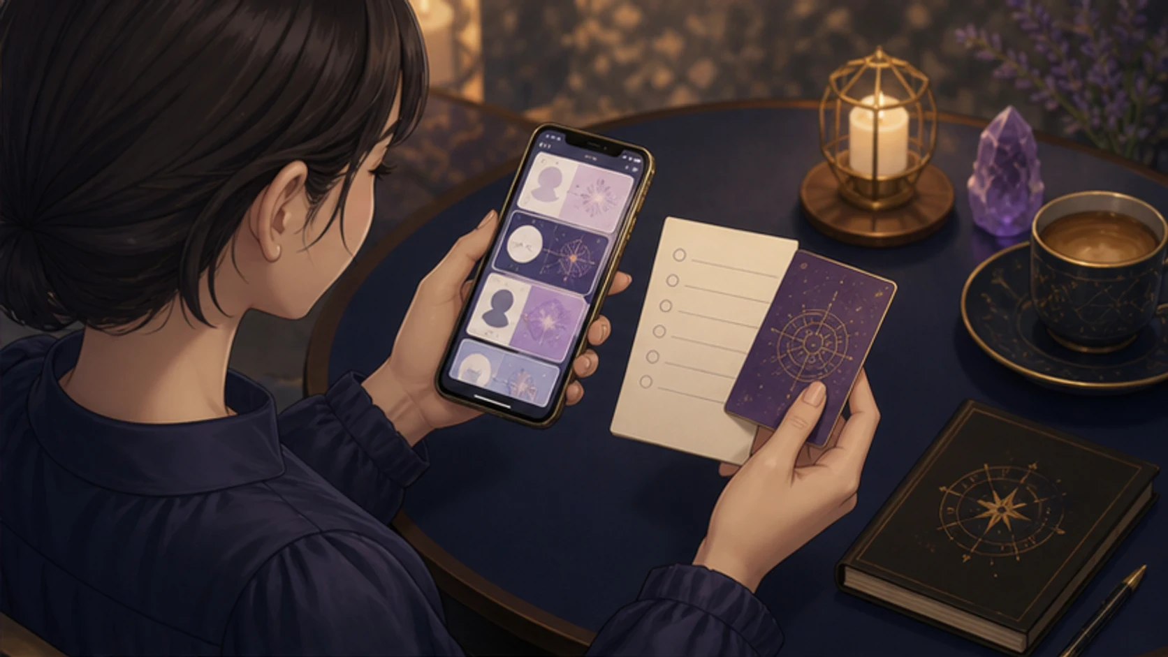 電話相談で複数のタロット占い師のプロフィールを落ち着いて比べるイメージ