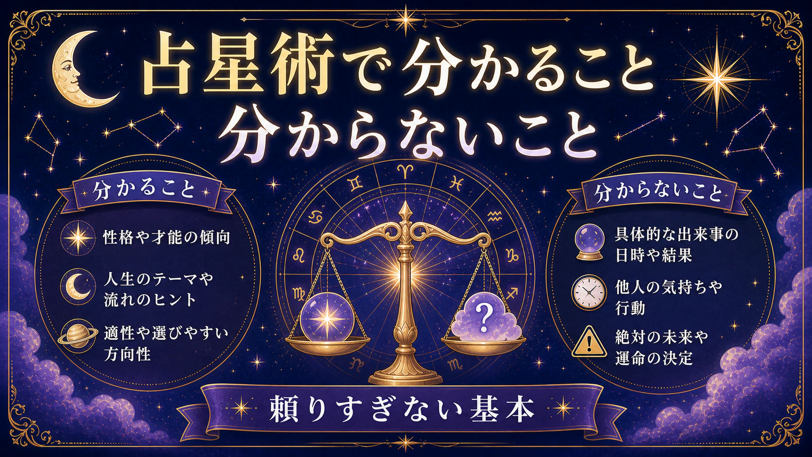 占星術で分かること・分からないこと|占いに頼りすぎないための基本を星やホロスコープのモチーフで表したアイキャッチ画像