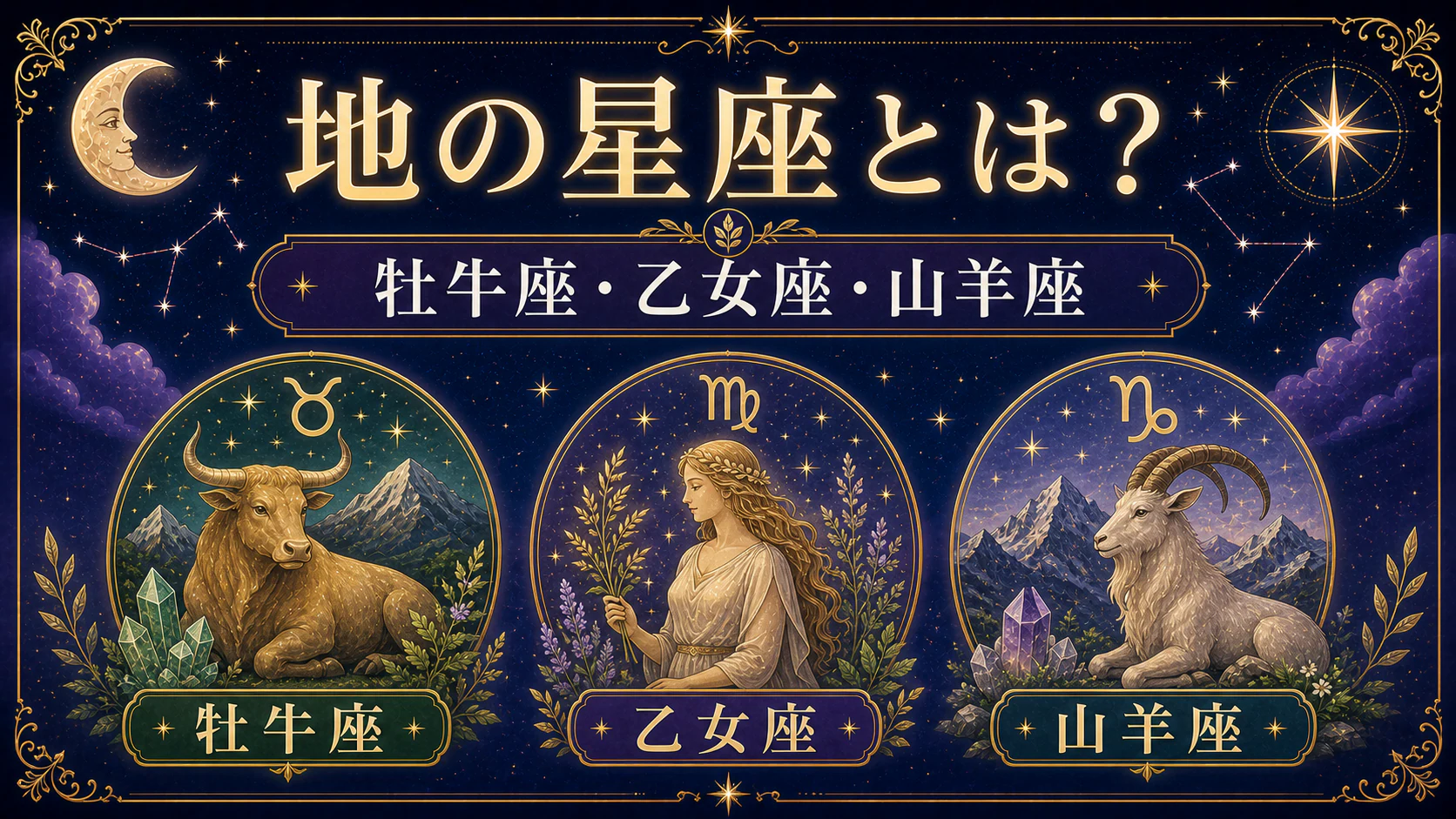地の星座とは?牡牛座・乙女座・山羊座の性格をやさしく解説を星やホロスコープのモチーフで表したアイキャッチ画像