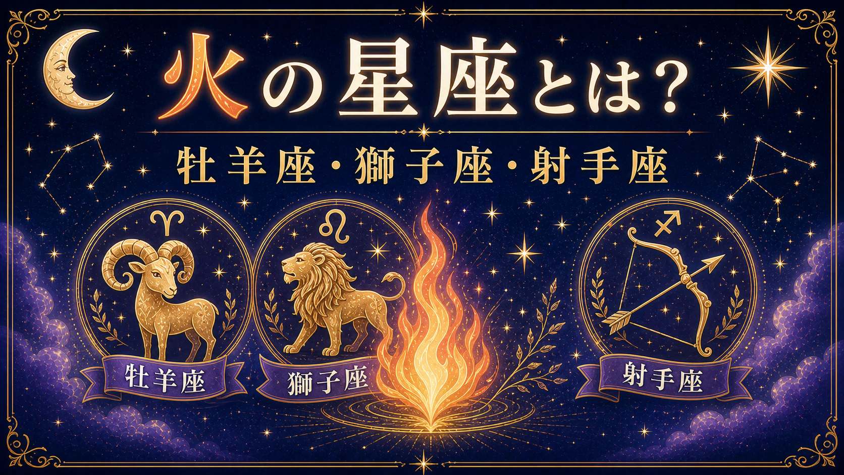 火の星座とは?牡羊座・獅子座・射手座の性格をやさしく解説を星やホロスコープのモチーフで表したアイキャッチ画像