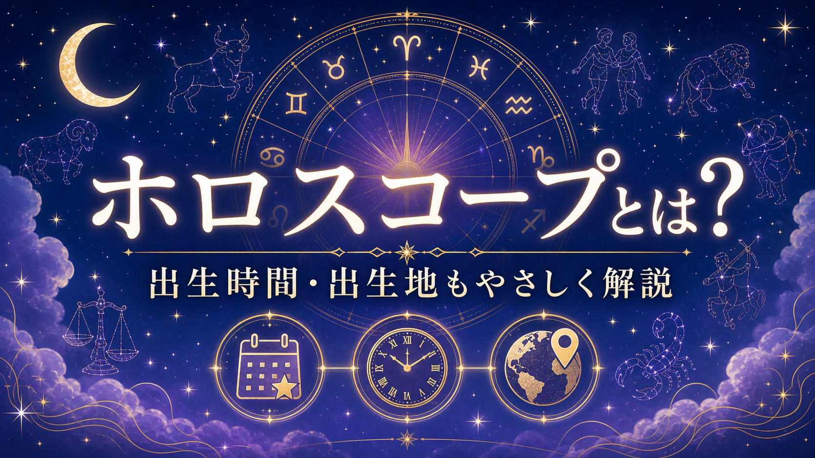 ホロスコープとは?作成に必要な出生時間・出生地もやさしく解説を星やホロスコープのモチーフで表したアイキャッチ画像