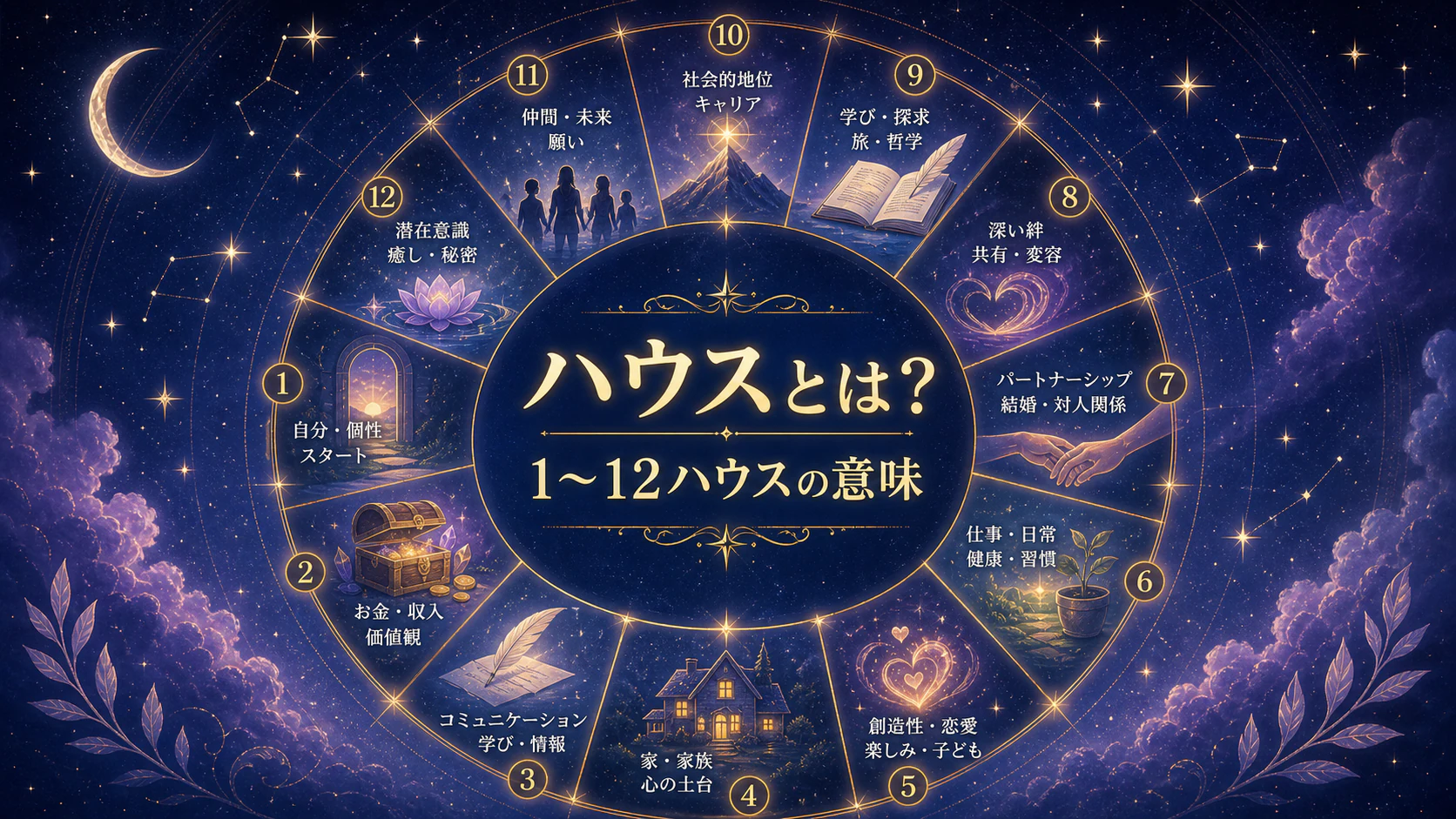 ハウスとは?1〜12ハウスの意味を初心者向けに解説を星やホロスコープのモチーフで表したアイキャッチ画像