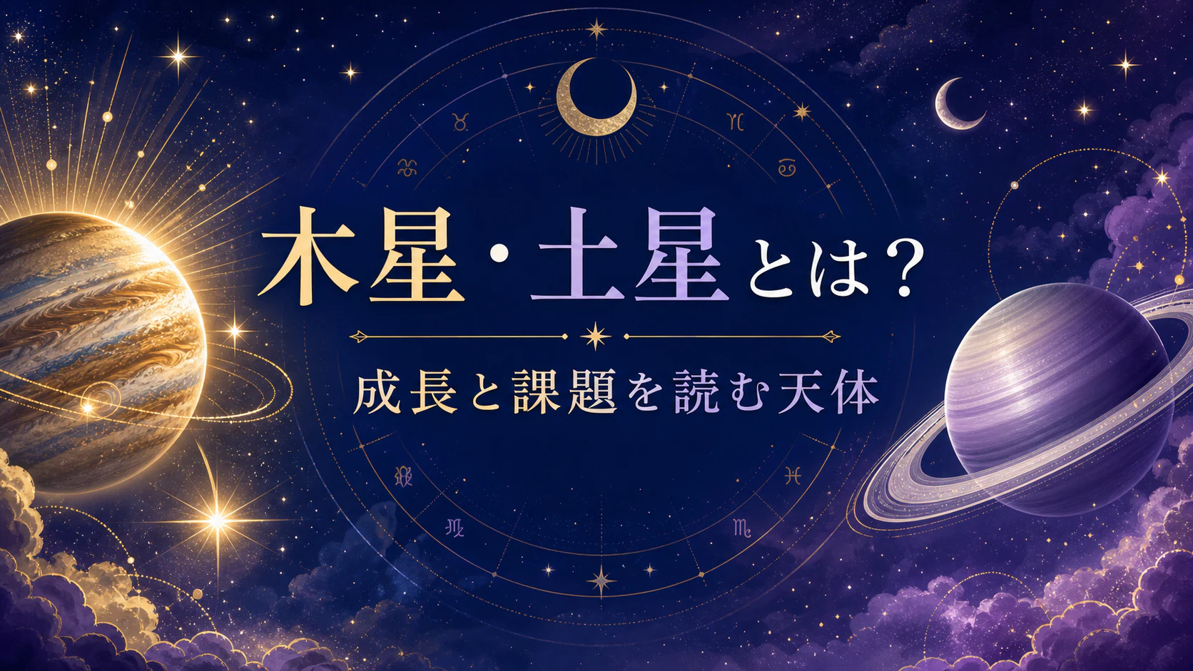 木星・土星とは?成長と課題を読む天体を初心者向けに解説を星やホロスコープのモチーフで表したアイキャッチ画像