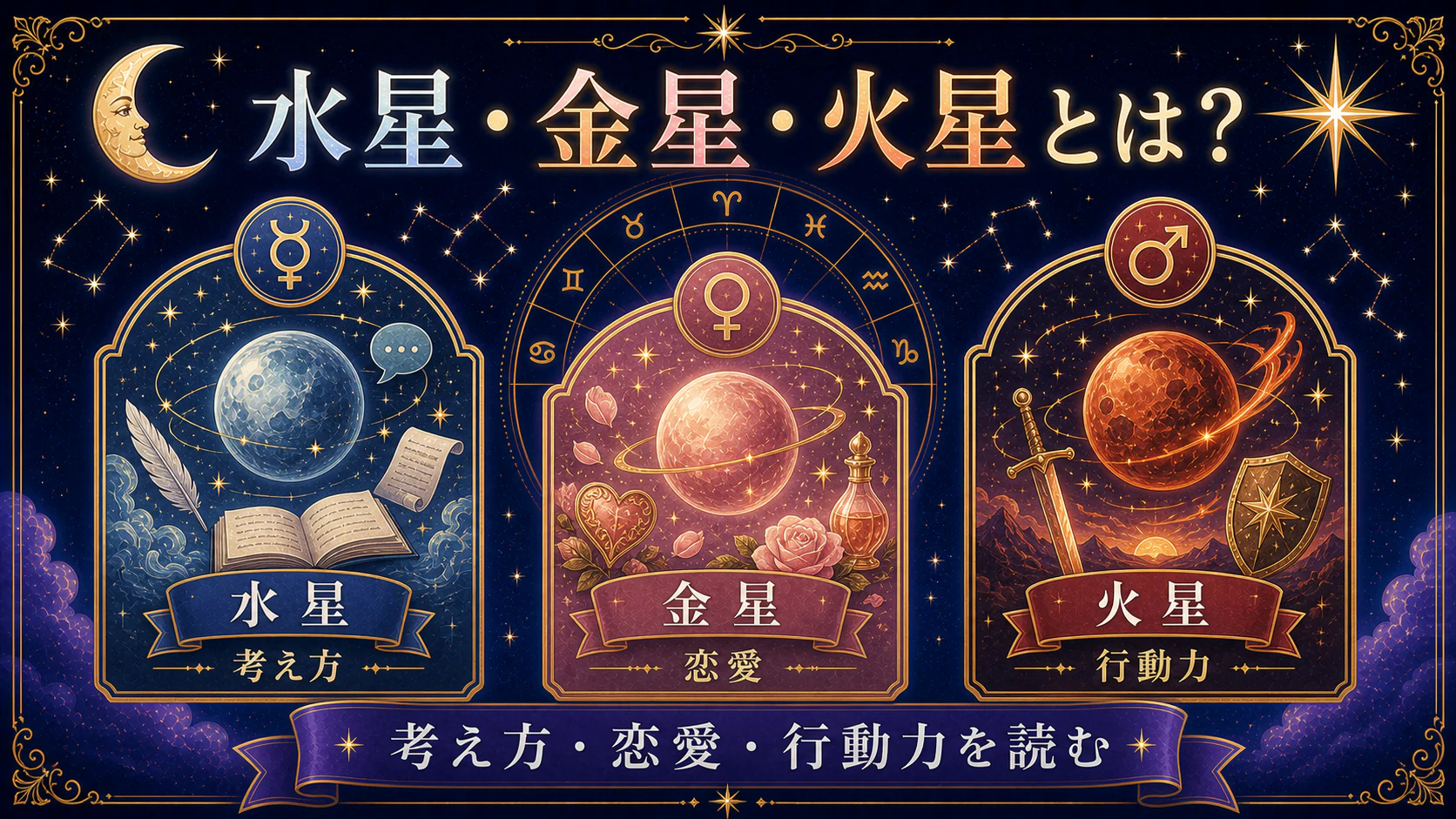 水星・金星・火星とは?考え方・恋愛・行動力を読む天体を星やホロスコープのモチーフで表したアイキャッチ画像