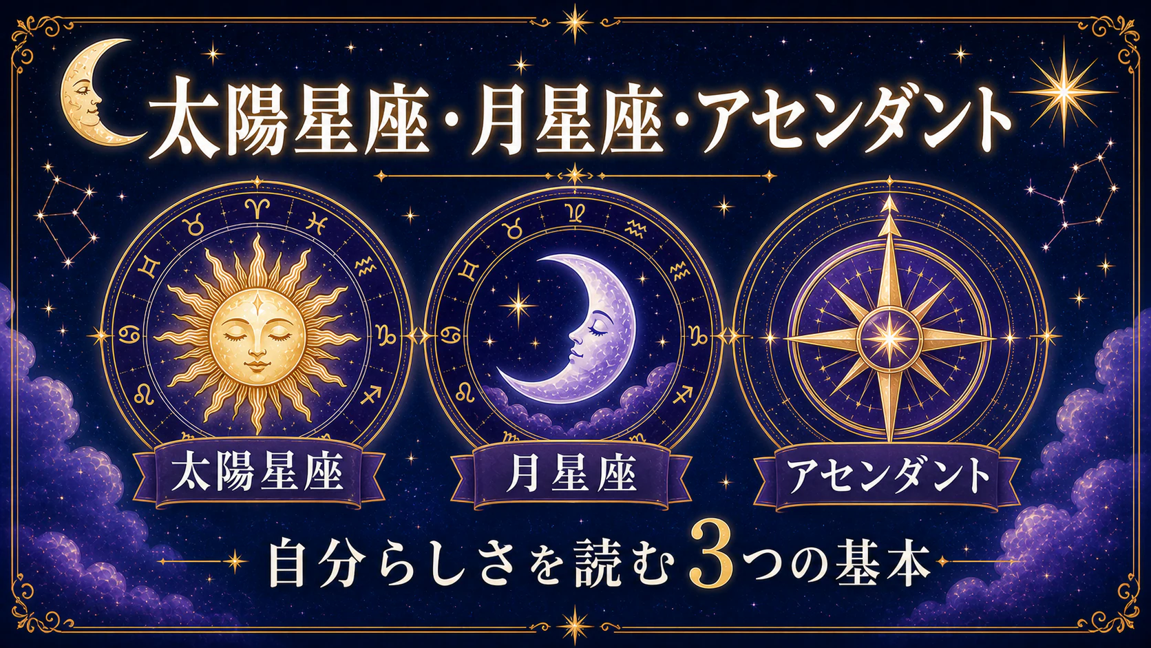 太陽・月・羅針盤で太陽星座、月星座、アセンダントを表したイラスト