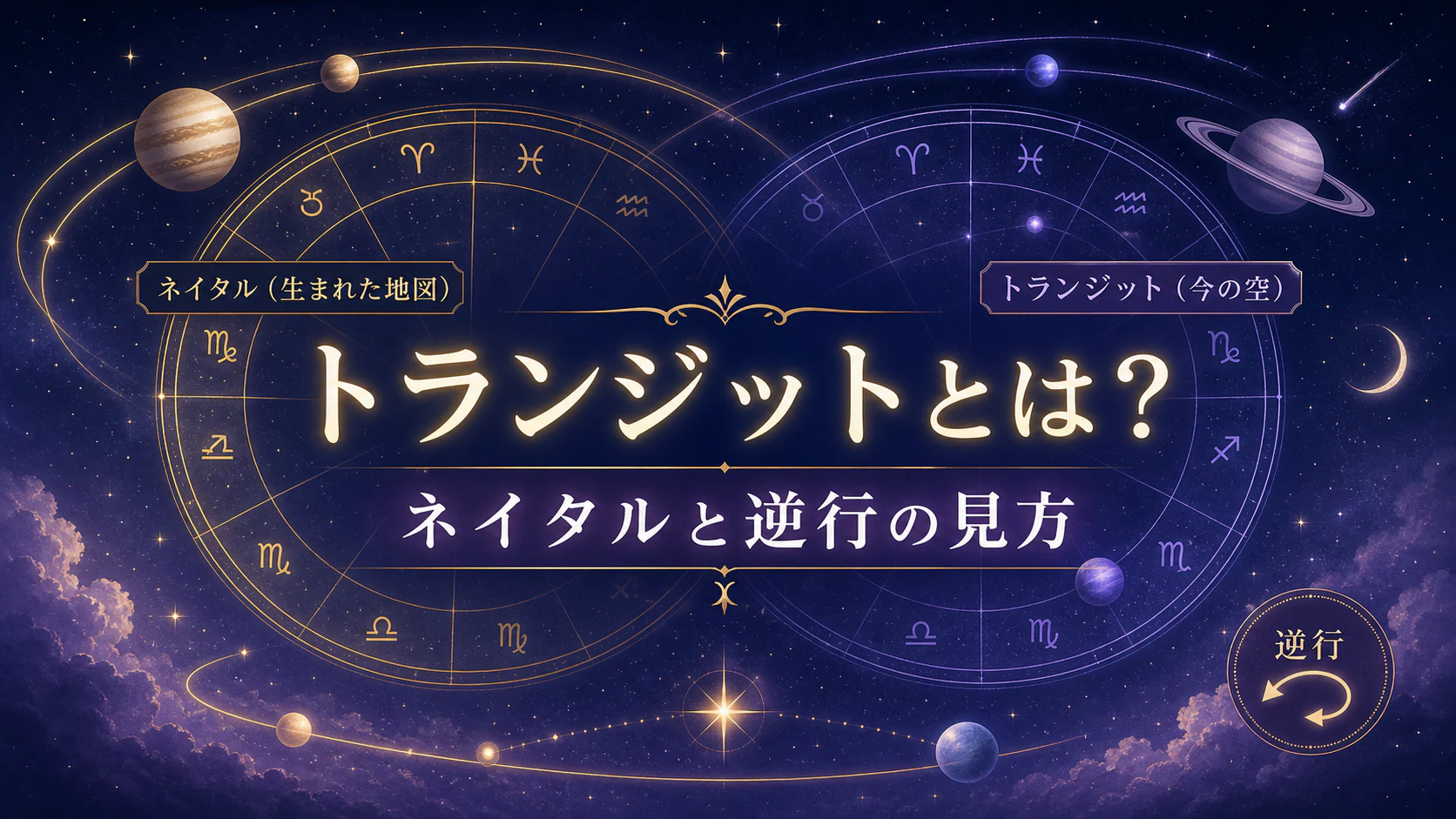 トランジットとは?ネイタルとの違いと逆行の見方をやさしく解説を星やホロスコープのモチーフで表したアイキャッチ画像