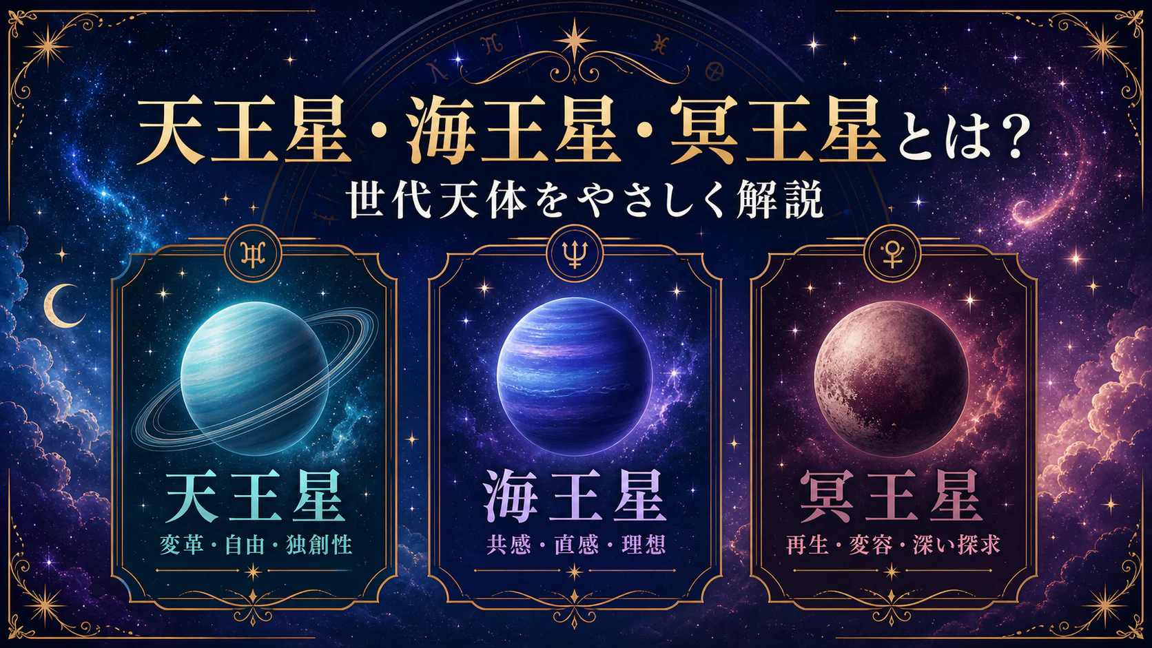 天王星・海王星・冥王星とは?世代天体を初心者向けに解説を星やホロスコープのモチーフで表したアイキャッチ画像