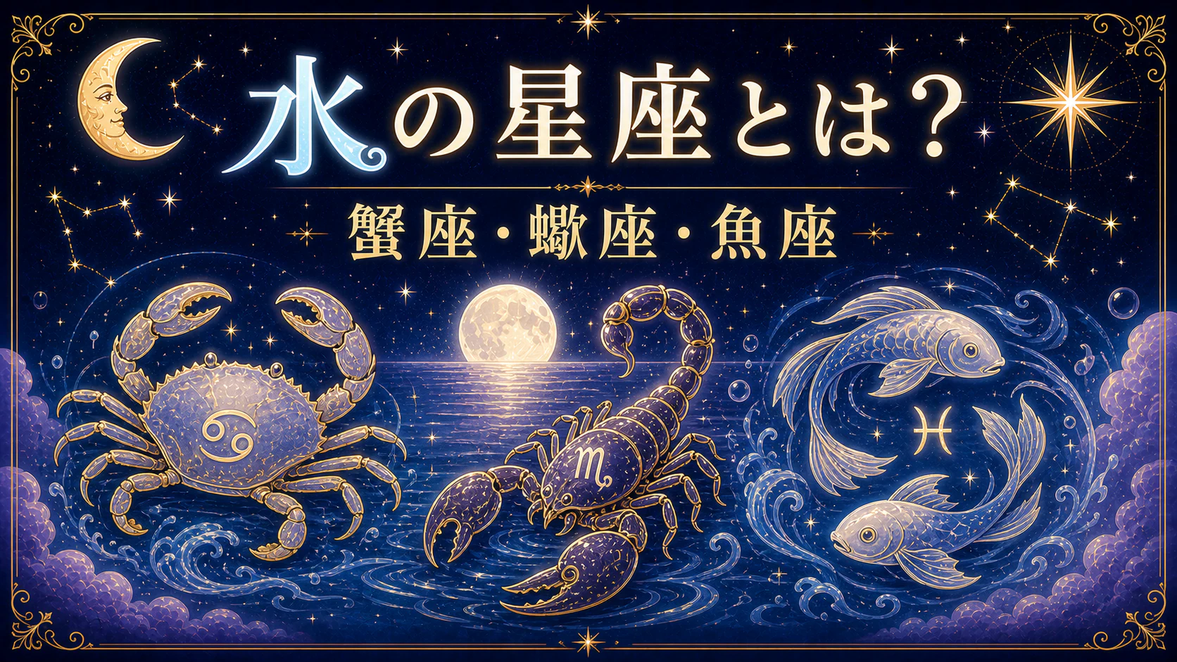 水の星座とは?蟹座・蠍座・魚座の性格をやさしく解説を星やホロスコープのモチーフで表したアイキャッチ画像